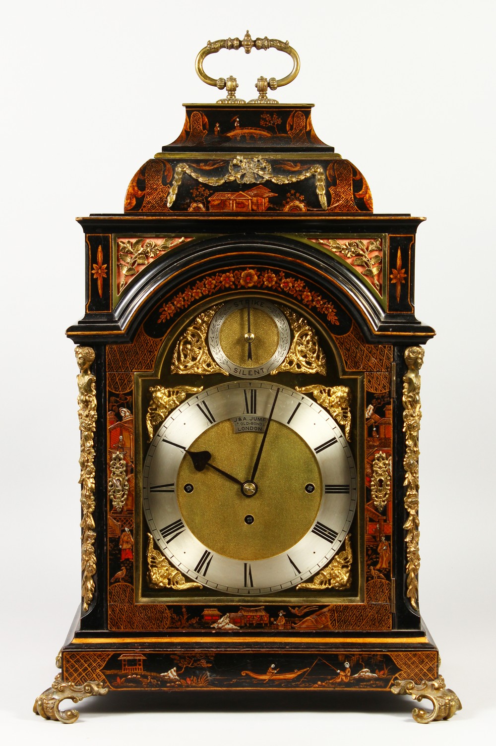 A VERY GOOD 19TH CENTURY LACQUER BRACKET CLOCK by J. & A. JUMP, 1A OLD BOND STREET, LONDON, with