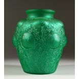 A LALIQUE VASE "DOMREMY" GREEN. Etched R. Lalique, France, No. 979. 22cms high. Illus. page 434 R.