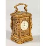A MINIATURE FRENCH ORNATE BRASS CARRIAGE TYPE CLOCK, the sides with caryatid figures.