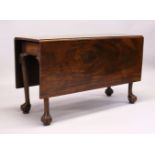A GEORGE III MAHOGANY DROPLEAF DINING TABLE, with plain drop leaves on turned legs with claw and