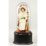 A GOOD VICTORIAN AUTOMATON OF A YOUNG GIRL, with two dolls, in a glass dome. Automaton 39cms high,