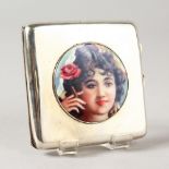 A PLAIN SILVER CIGARETTE CASE, Birmingham 1915, the lid with a girl with a rose in her hair.