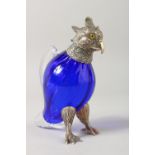 A GOOD MINIATURE BRISTOL BLUE GLASS CLARET JUG with plated head and feet of a parrot. 16cms high.
