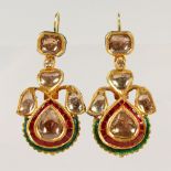 A SUPERB PAIR OF 18CT GOLD, EMERALD AND DIAMOND DROP EARRINGS.