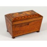 A GOOD TUNBRIDGE WARE TWO-DIVISION TEA CADDY, the top with parquetry and floral inlay, on four