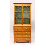 A VERY GOOD GEORGE III SATINWOOD SECRETAIRE BOOKCASE, with tulipwood crossbanding, the pendant