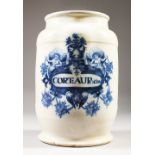 AN ITALIAN BLUE AND WHITE DRUG JAR. "CORTE: AUR: SON" 26cms high.