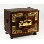 A GOOD 17TH/18TH CENTURY ITALIAN EBONY AND IVORY INLAID TABLE CABINET, fitted with decorative corner