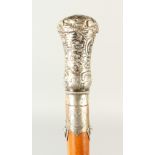 A RUSSIAN SILVER HANDLED CANE with silver handle and motto: ASPIRO & EAGLE. Ramsay Family Crest.