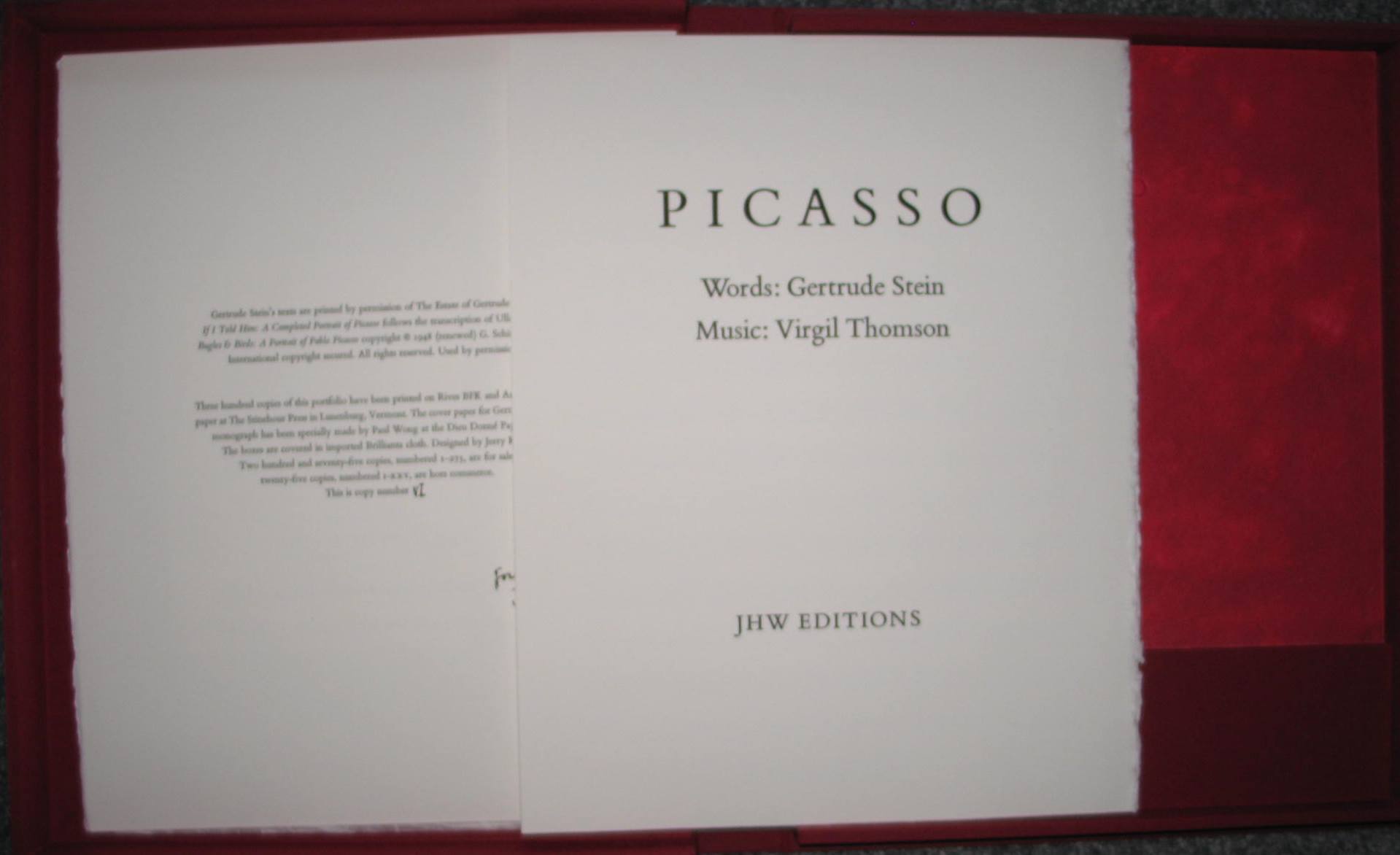 PICASSO. Words, Gertrude Stein, Music: Virgil Thomson, folio, copy VI of XXV 'hors commerce,'