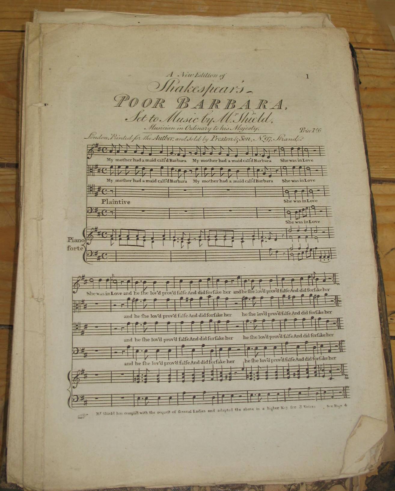 [MUSIC] "A New Edition of Shakespeare's Poor Barbara, set to Music by Mr. Shield," 6pp., late 18th