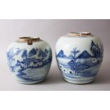 TWO GOOD 18TH CENTURY CHINESE BLUE & WHITE GINGER JARS, both decorated with landscape scenes, one