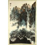 A GOOD CHINESE POSS 19TH CENTURY HANGING SCROLL LANDSCAPE SCENE, possibly watercolour and
