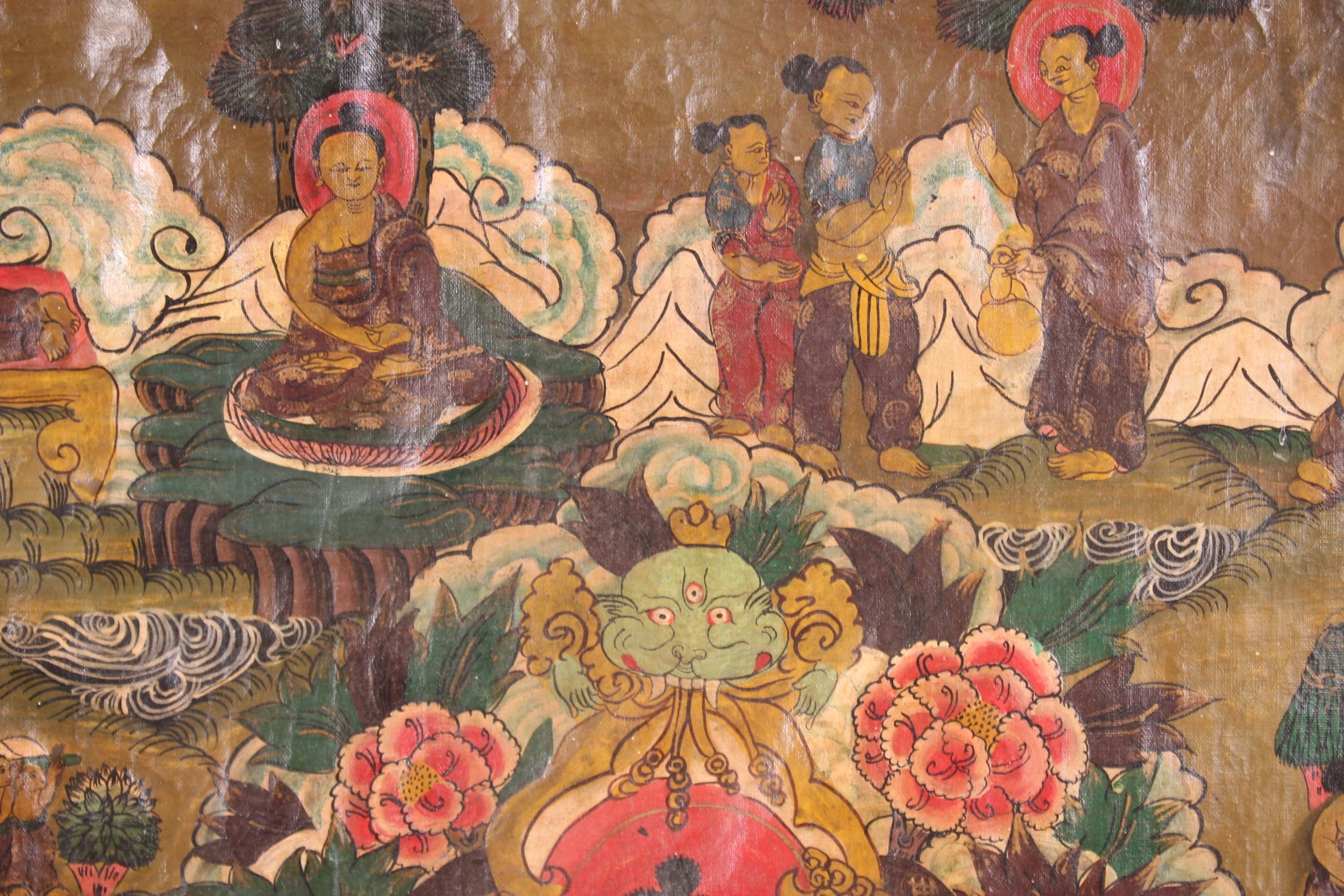 AN EARLY TIBETAN OIL ON CANVAS, 54cm x 41cm. - Image 4 of 5