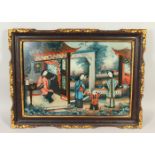 A LOVELY 19TH CENTURY CHINESE REVERSE PAINTED FRAMED PICTURE, the picture depicting three women an