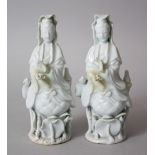TWO LATE 19TH CENTURY CHINESE BLANC DE CHINE FIGURES OF GUANYIN, both figures identical, stood