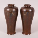 A PAIR OF JAPANESE MEIJI PERIOD BRONZE & MIXED METAL COCKEREL VASES, each vase depicting a