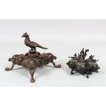 TWO 19TH CENTURY INDIAN BRASS SPICE BOXES WITH BIRD FINIAL, 10cm x 12cm wide.
