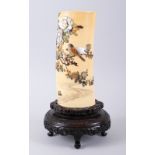 A FINE QUALITY JAPANESE MEIJI PERIOD CARVED IVORY & SHIBAYAMA TUSK VASE ON STAND, profusely