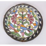 A 19TH CENTURY DEMASCUS COPPER AND COLOURED ENAMEL CIRCULAR TRAY, decorated with two colourful