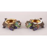 A GOOD PAIR OF 19TH CENTURY CHINESE SILVER GILT, ENAMEL & JADE DISHES, the dishes formed in to