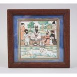 A 19TH CENTURY PERSIAN GOUACHE PALACE SCENE with figures, 10cm x 9cm.