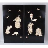 A PAIR OF JAPANESE MEIJI PERIOD SHIBAYAMA IVORY INLAID PANELS, the panels with carved & stained