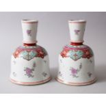 A GOOD PAIR OF 18TH / 19TH CENTURY CHINESE BELL SHAPED FAMILLE ROSE PORCELAIN CANDLESTICKS,