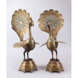 A SUPERB PAIR OF 19TH CENTURY PERSIAN PIERCED BRASS PEACOCKS with turquoise beading, they stand with
