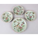 FOUR 19TH CENTURY CHINESE CELADON GROUND CANTONESE PLATES / SAUCERS, with decoration including