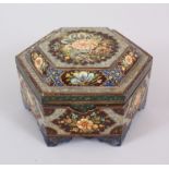 A HEXAGONAL PERSIAN LACQUER BOX AND COVER.