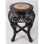 A SMALL 19TH CENTURY CHINESE SQUARE FORM MARBLE TOP HARDWOOD TABLE / PLANTER, the top inset with