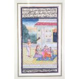 A FRAMED AND GLAZED INDIAN GOUCHE PAINTING with calligraphy, 21cm x 11cm.