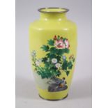 AN UNUSUAL TAISHO /SHOWA PERIOD JAPANESE LIME GREEN GROUND CLOISONNE VASE, the silver mounted vase