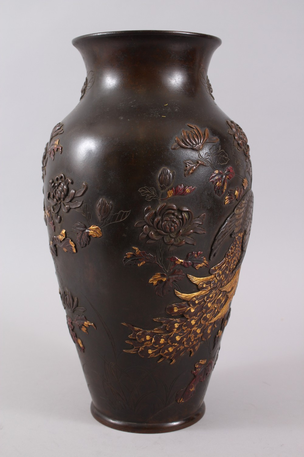A GOOD JAPANESE MEIJI PERIOD BRONZE & MIXED METAL ONLAID VASE, depicting scenes of a peacock stood - Image 2 of 8