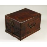 A 19TH CENTURY CHINESE HARDWOOD MAKE UP BOX, with fitted metal mounts, the interior opens to