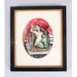 A 19TH CENTURY INDIAN MINIATURE PAINTING ON IVORY OF A NUDE, 11cm x 8cm, framed and glazed.