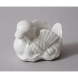 A CHINESE BLANC DE CHINE PORCELAIN DUCK BRUSH WASHER, 5cm high x 6 cm wide.