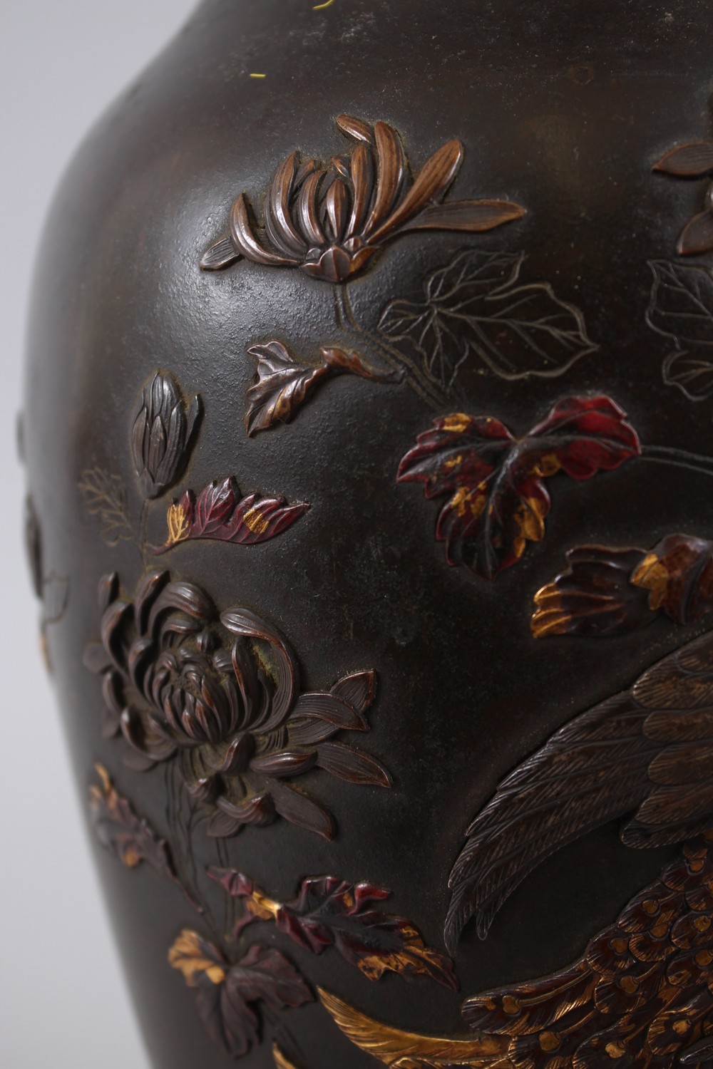 A GOOD JAPANESE MEIJI PERIOD BRONZE & MIXED METAL ONLAID VASE, depicting scenes of a peacock stood - Image 6 of 8