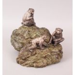 A GOOD JAPANESE MEIJI PERIOD BRONZE OKIMONO - MONKEYS ON THE ROCK, the okimono mainly formed to