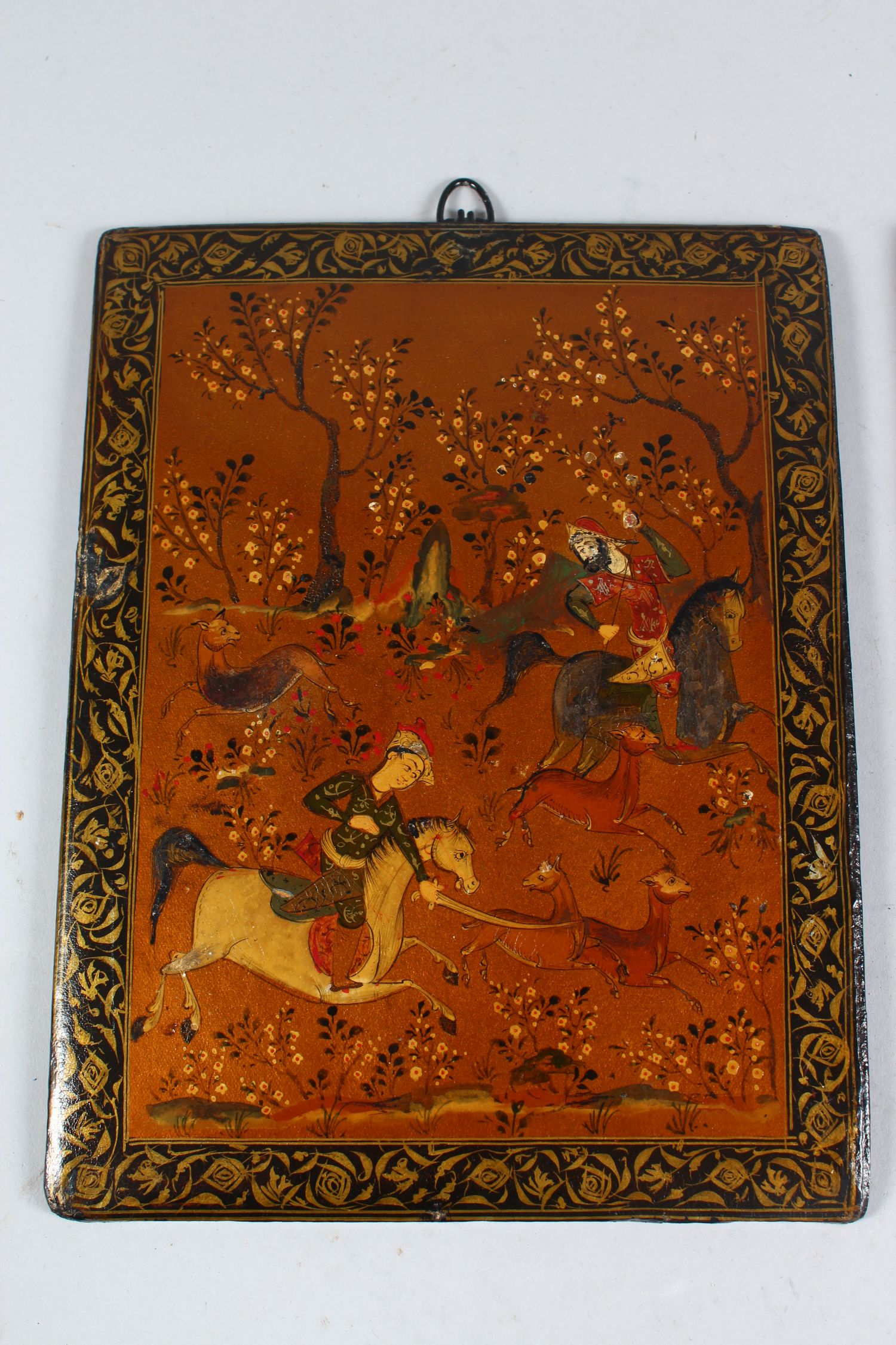 A PAIR OF 19TH CENTURY QAJAR HAND PAINTED BOOK COVERS, deer hunting, 26cm x 19cm. - Image 2 of 6