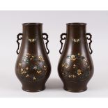 A FINE PAIR OF JAPANESE MEIJI PERIOD BRONZE & MIXED METAL PEAR SHAPED VASES, finely decorated with