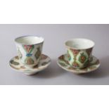 A RARE PAIR OF 18TH CENTURY OTTOMAN TURKISH KUTAHIYA GLAZED POTTERY CUPS AND SAUCERS.