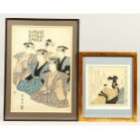 TWO JAPANESE MEIJI PERIOD WOODBLOCK PRINTS, both framed, the larger depicting four samurai