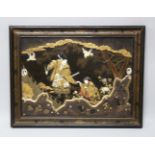 A GOOD JAPANESE MEIJI PERIOD FRAMED GOLD LACQUER & SHIBAYAMA PANEL, the lacquer panel decorated with