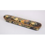 A PERSIAN LACQUER PEN BOX with sliding centre section and painted with figures and flowers, 25cm
