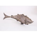 A 19TH CENTURY INDIAN SILVER RETICULATED FISH SPICE BOX, 23cm long.