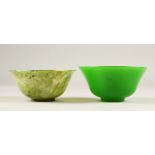 TWO CHINESE PEKING GLASS & JADEITE BOWLS, one green coloured glass peking bowl, 10.2cm diameter, one