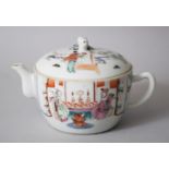 A LATE QING DYNASTY WU SHUANG PU STYLE FAMILLE ROSE PORCELAIN TEAPOT, decorated with scenes of