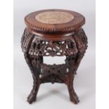 A SMALL 19TH CENTURY CHINESE MARBLE TOP HARDWOOD TABLE / PLANTER, the top inset with marble, the
